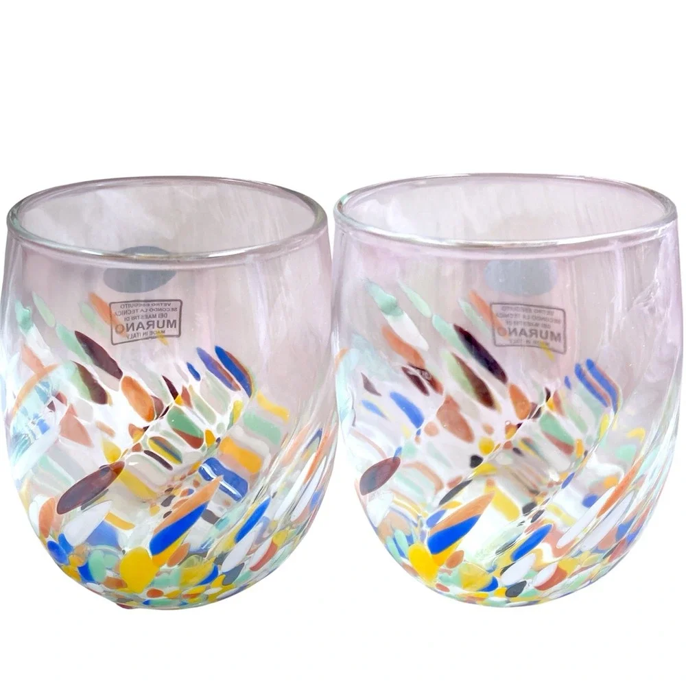 Set Of 2 Confetti White Cristal Murano Stemless Wine Glasses 14 oz Made In Italy